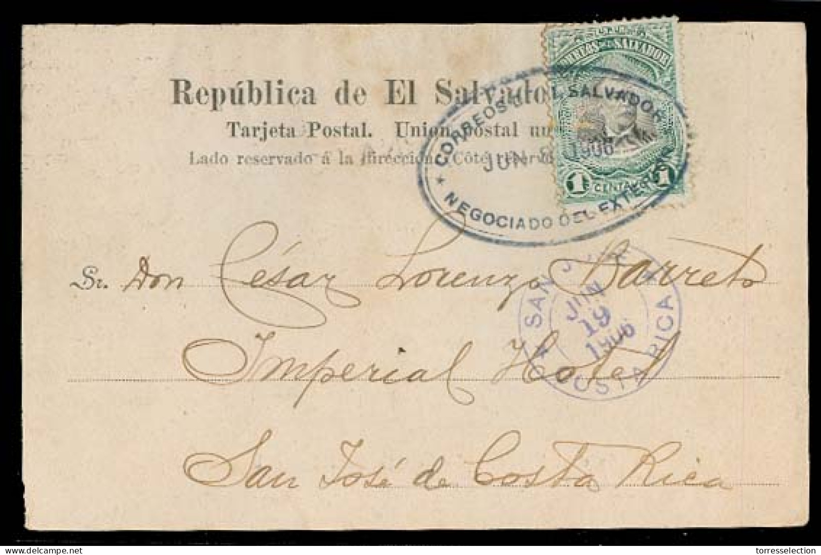 SALVADOR, EL. 1906 (8 June). Salvador - San Jose / Costa Rica. Fkd PPC / 1c Ship / Oval Cachet Arrival. Rare Intra Centr - Salvador