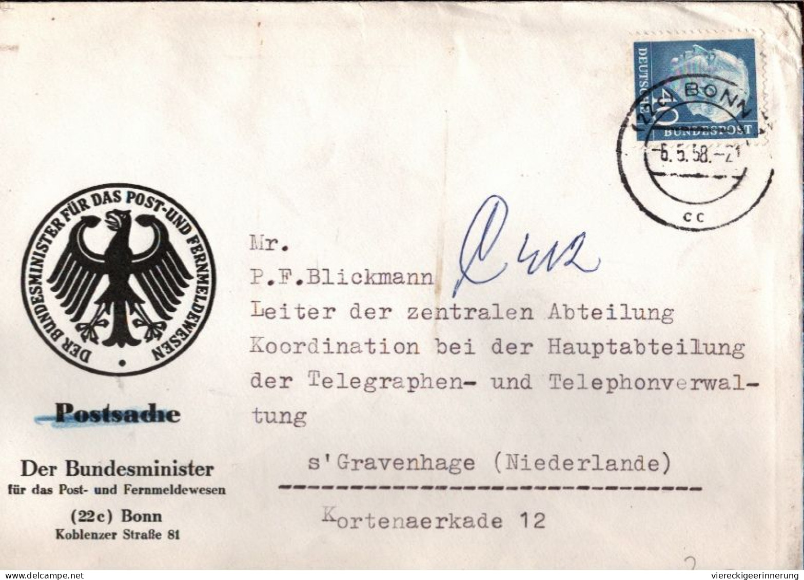 ! 1958 EF 40 Pfg. Heuss, Aus Bonn In Die Niederlande, Postministerium - Brieven En Documenten