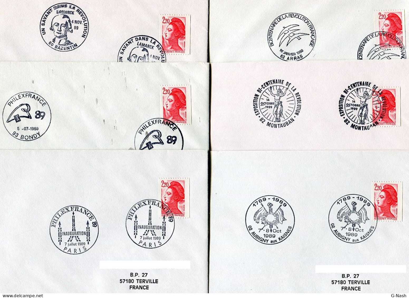 Lot De 6 Enveloppes Cachets Temporaires De 1989 - Bicentenaire De La Révoluiton Française - Tijdelijke Stempels