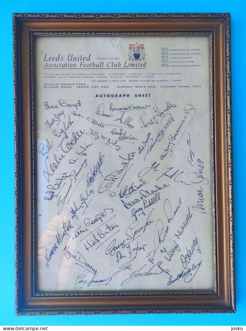 LEEDS UNITED FC Beautifull Memorabilia - Vintage Autograph Sheet Early 1970s * Framed * Fascimile ?? * England Football - Autogramme