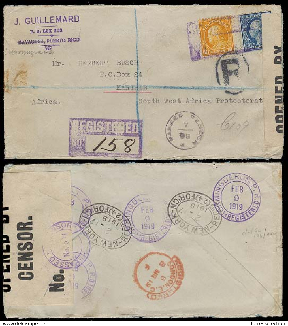 PUERTO RICO. 1919. Hormigueros (Ants House) - Karibib / South West Africa Protectorate. Registered Fkd Censored Env. Rar - Puerto Rico