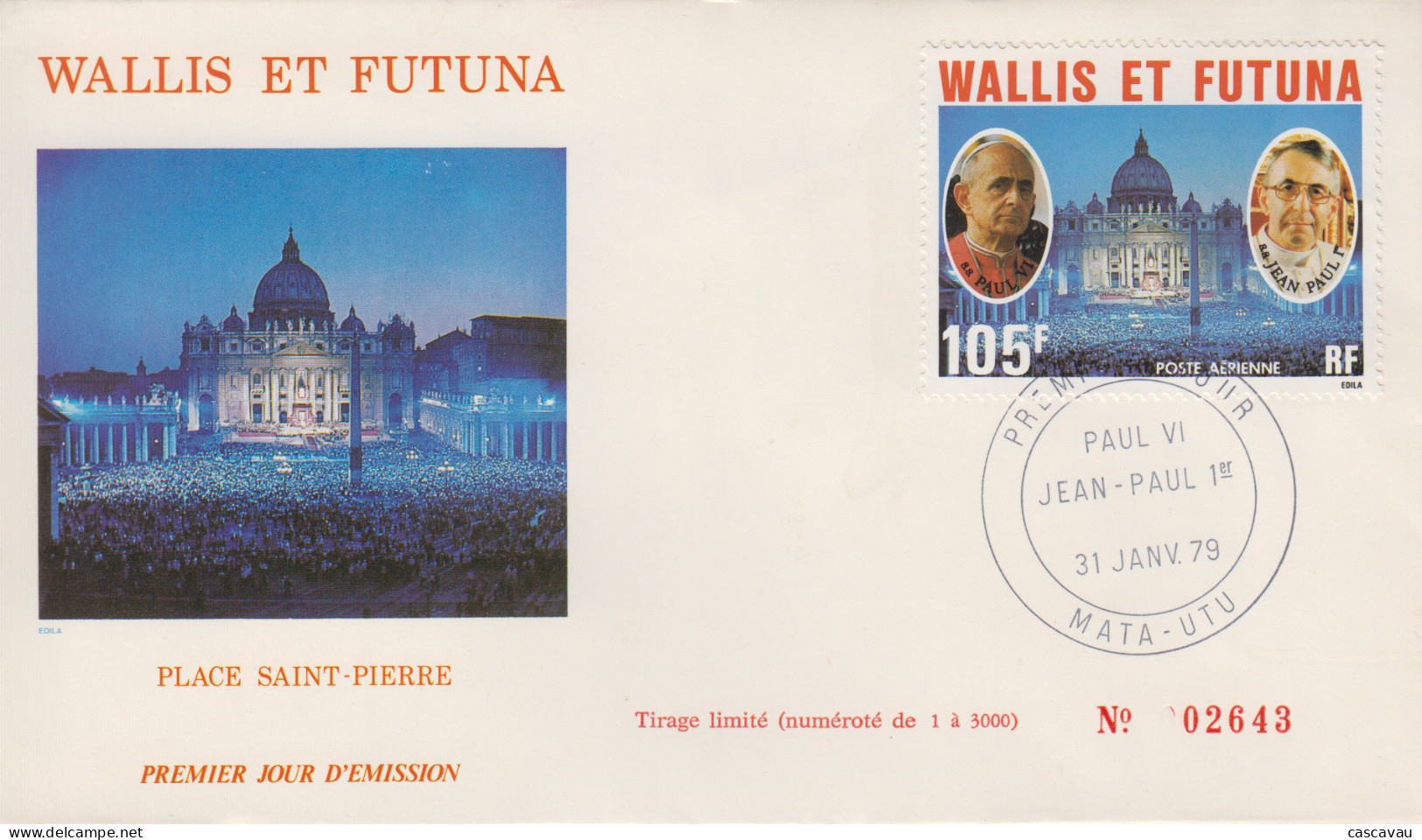 Enveloppe  FDC  1er  Jour    WALLIS  Et  FUTUNA     Papes    PAUL  VI   Et    JEAN  PAUL  1er      1979 - FDC