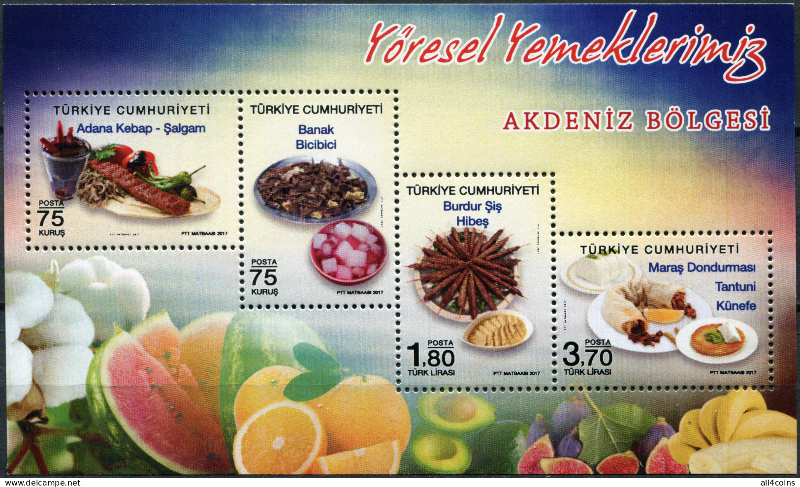 Turkey 2017. Gastronomy. Mediterranean Dishes (MNH OG) Souvenir Sheet - Nuevos