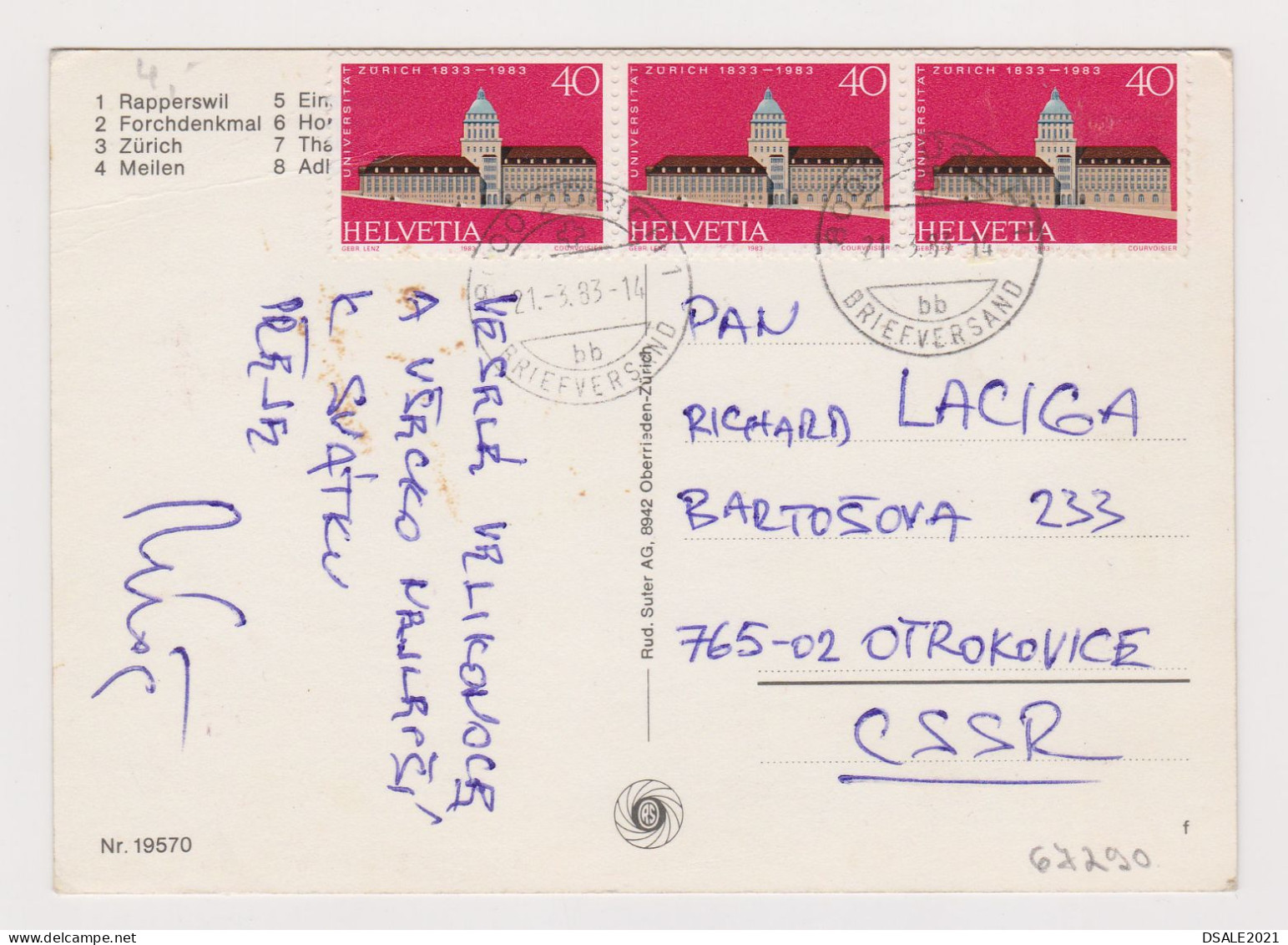 Switzerland Mi#1245 3x20C Topic Stamps Zurich University, 1980s Map Postcard Sent Abroad To Czech (67290) - Covers & Documents