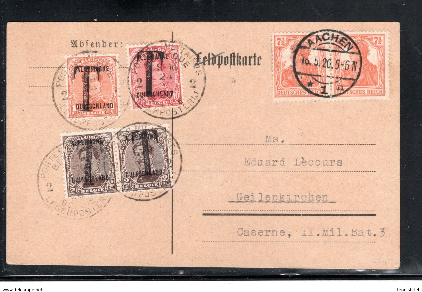 1920 , 1 , 2 Paire ,10 C. Surchargee "ALLEM-DUITSL " Avec" T " Cachet " POSTE MILITAIRE BELGIQUE -24.5.20" Taxes #1574 - OC38/54 Occupation Belge En Allemagne