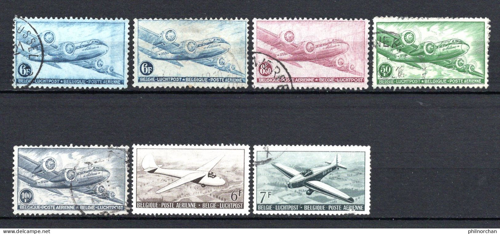 Belgique Poste Aérienne 1946 à 1951 2xN°8, N°9,10,11,28,29    0,50 €    (cote 7,20 €  7 Valeurs) - Afgestempeld