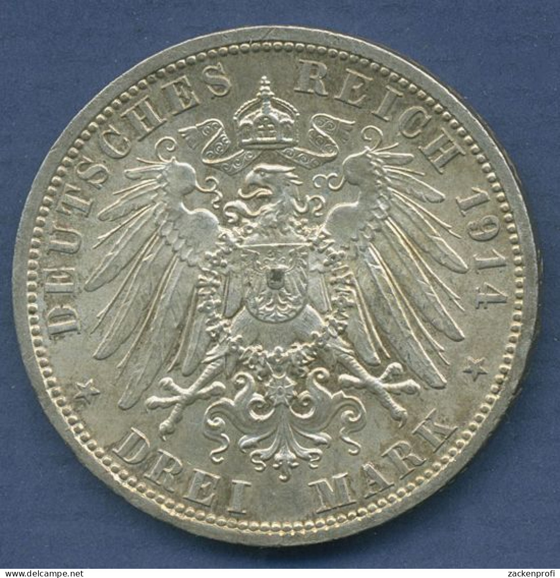 Preußen 3 Mark 1914 A, Kaiser Wilhelm II. In Uniform, J 113 Vz/vz+ (m6418) - 2, 3 & 5 Mark Silber