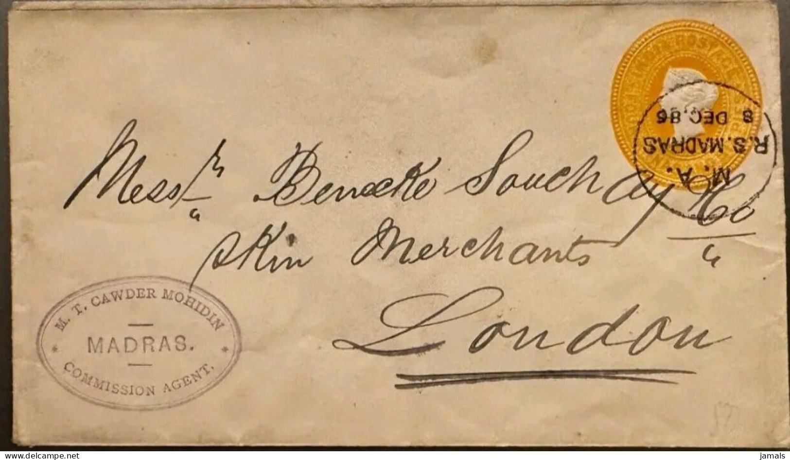 Br India Queen Victoria Postal Stationary Envelope, Madras Postmark As Scan - 1882-1901 Empire