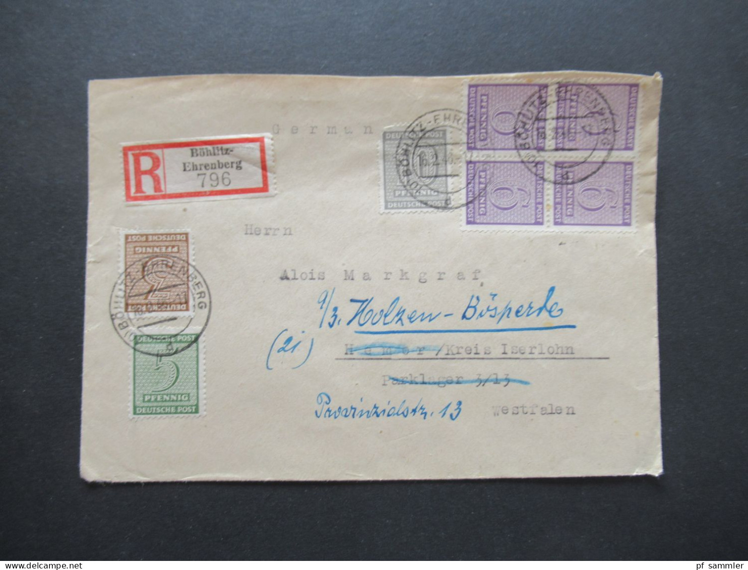 SBZ 1946 West Sachsen MiF Einschreiben Böhlitz Ehrenberg - Hemer Und Weitergeleitet Nach Bösperde Mit Stempel Rückseitig - Lettres & Documents