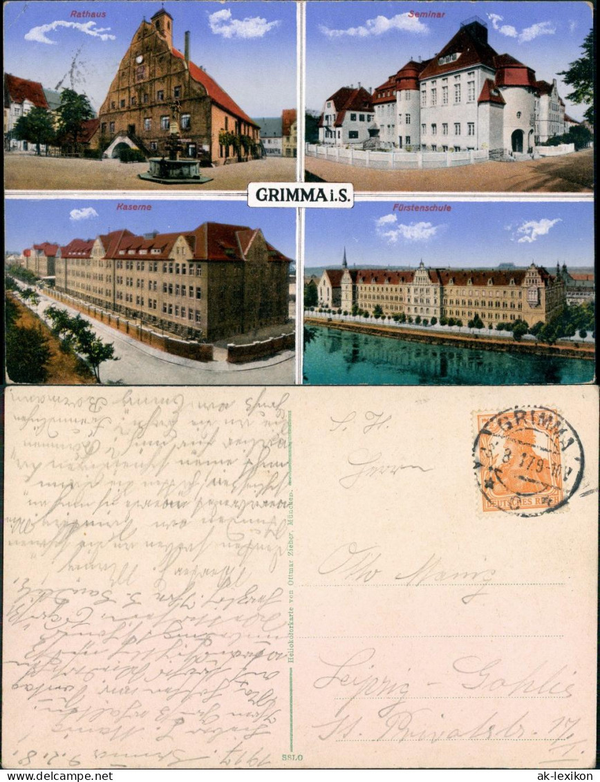 Ansichtskarte Grimma 4 Bild: Rathaus, Seminar, Kaserne 1917  - Grimma
