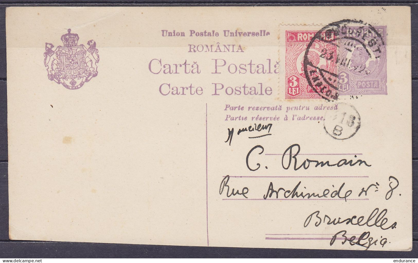 Roumanie - EP CP Carta Postala 3L + 3L Càpt BUCURESTI /23.VIII.19?? Pour BRUXELLES Belgique - Briefe U. Dokumente