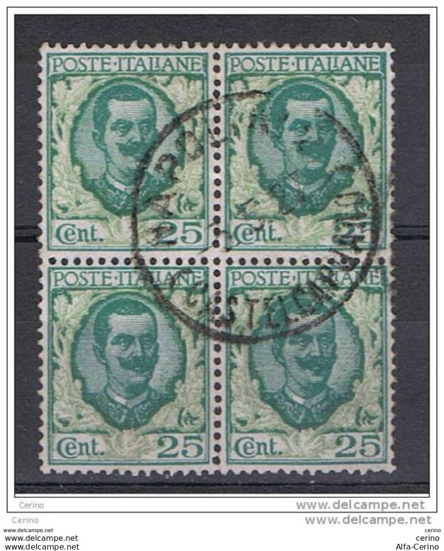 REGNO:  1926  FLOREALE  -  25 C. VERDE  E  VERDE  OLIVA  BL. 4  US. -  SASS. 200 - Oblitérés