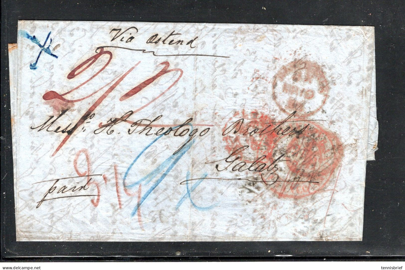 1858 , "MANCHESTER " To Gallatz , Transit  " LONDON "  Red " P"  .AACHEN , Clear Arrival Postmark "GALLATZ"  #1577 - ...-1858 Prephilately