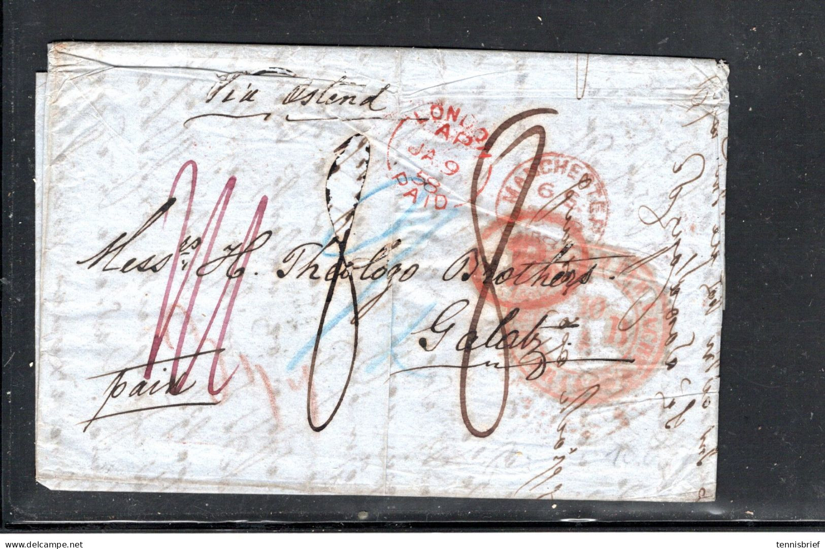 1858 , "MANCHESTER " To Gallatz , Transit  " LONDON "  Red " P"  .AACHEN , Manus " Via Ostend "  #1577 - ...-1858 Prephilately