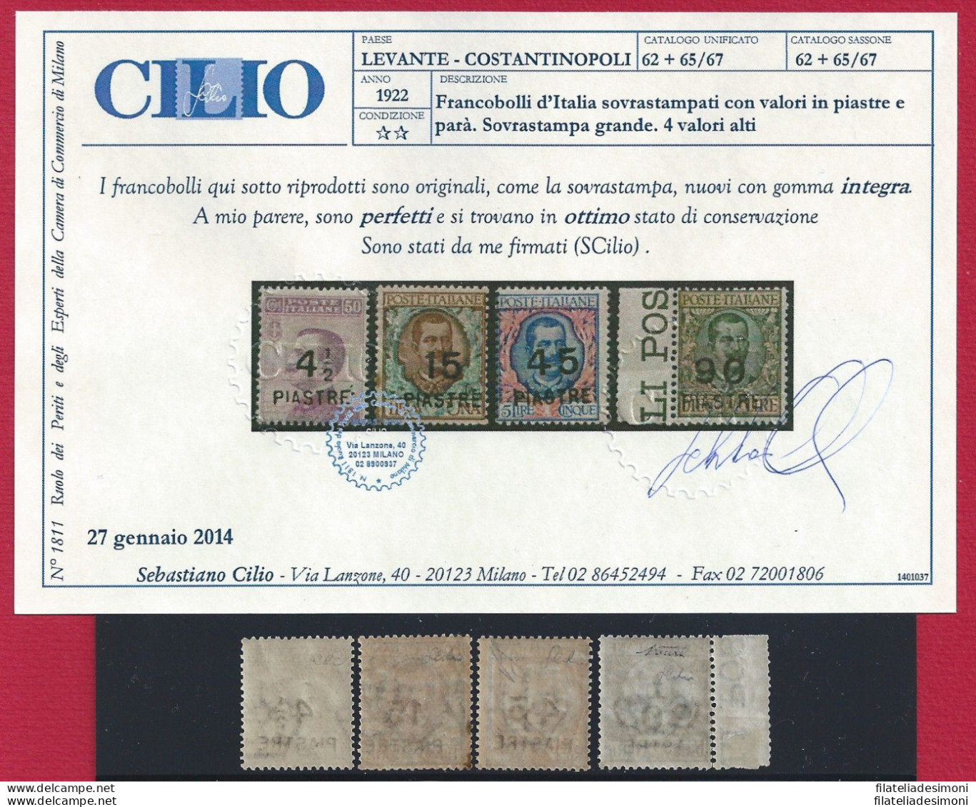 1922 LEVANTE,  COSTANTINOPOLI , N° 62-65-66-67 , I Quattro Valori Alti ,   MNH* - Other & Unclassified