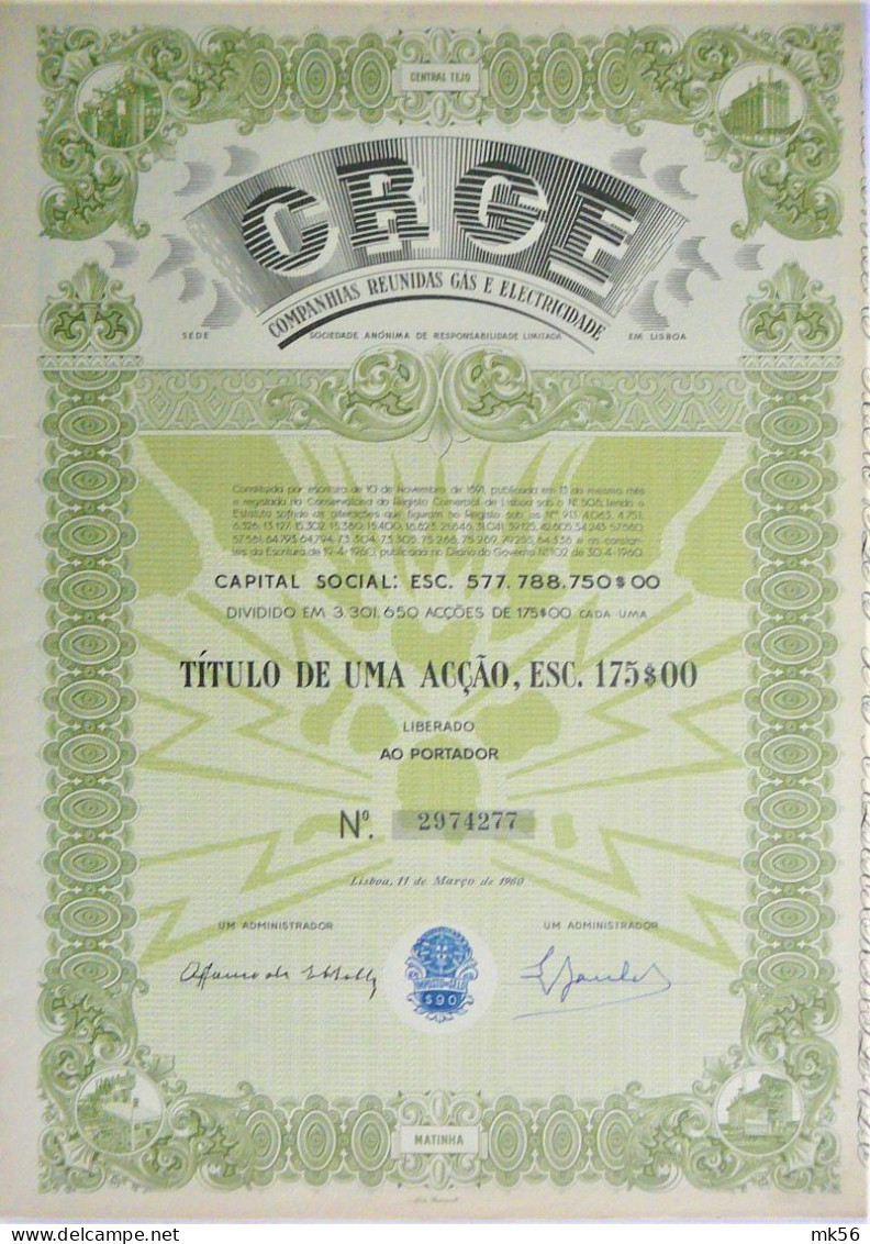 Comp.Reunidas Gas E Electricidade - Titulo De 1 Ac.  (Lisboa) (1960) - Elektriciteit En Gas