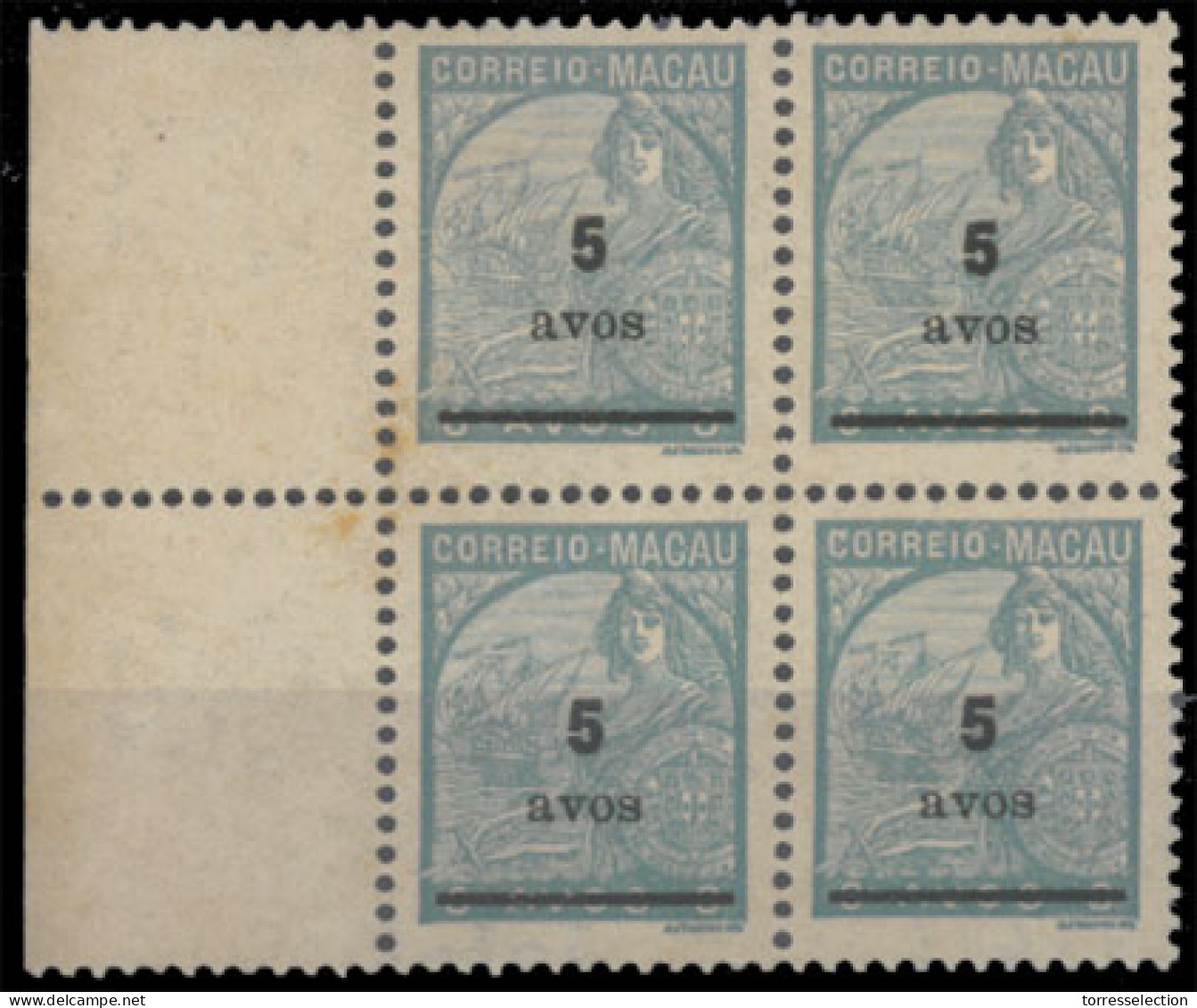 MACAU. 308*** (x4) 5a / 8a Light Blue. BLOCK OF FOUR, Border Margin At Left, Where Shows "Cross Watermark" Centrally. Sc - Autres & Non Classés