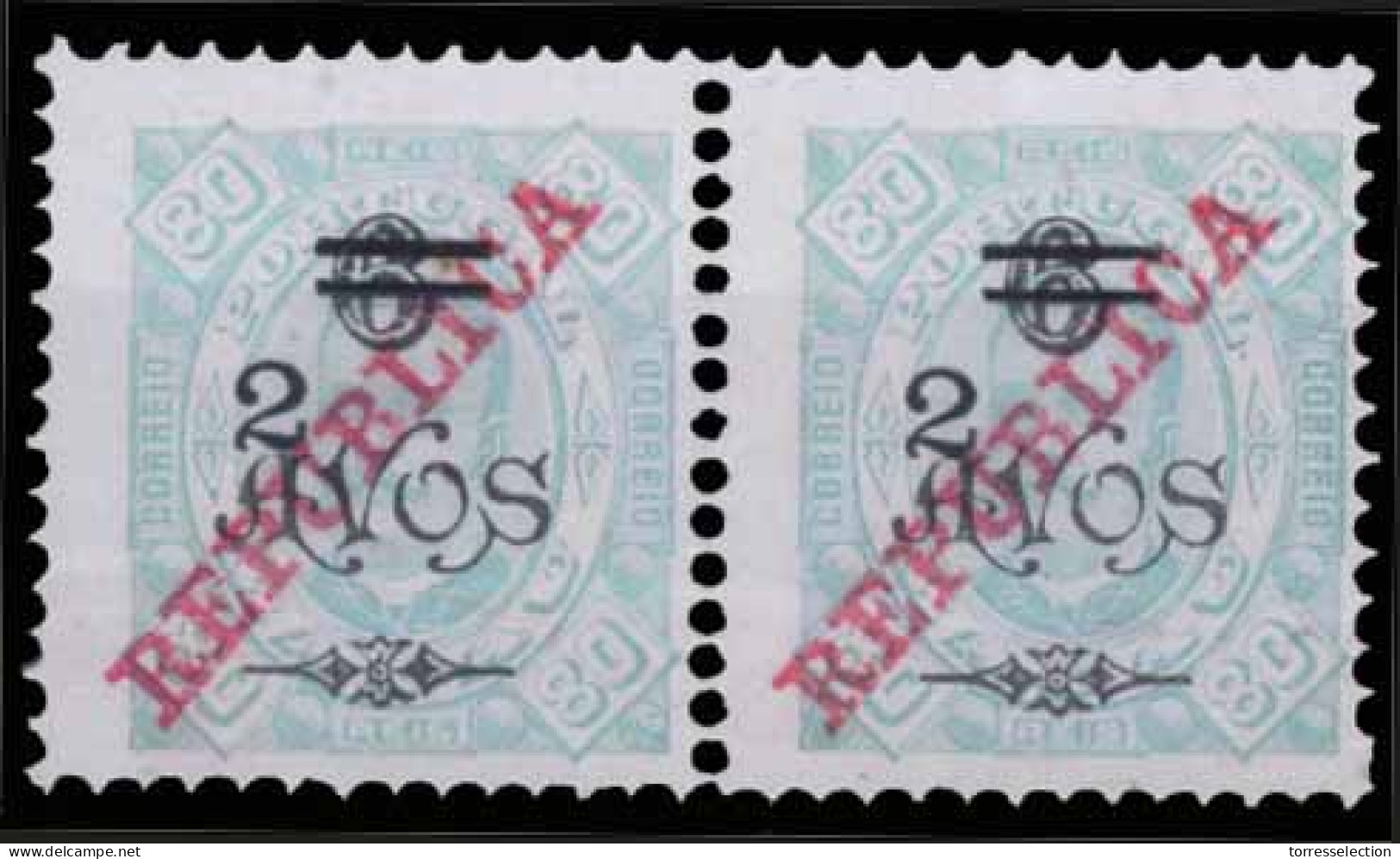 MACAU. 245* (x2) 2s / 6a / 80r Light Green. 1919 D. Carlos I With Tax Ovpt. Horiz. Mint Pair, With Horiz. Bars Of Slight - Autres & Non Classés