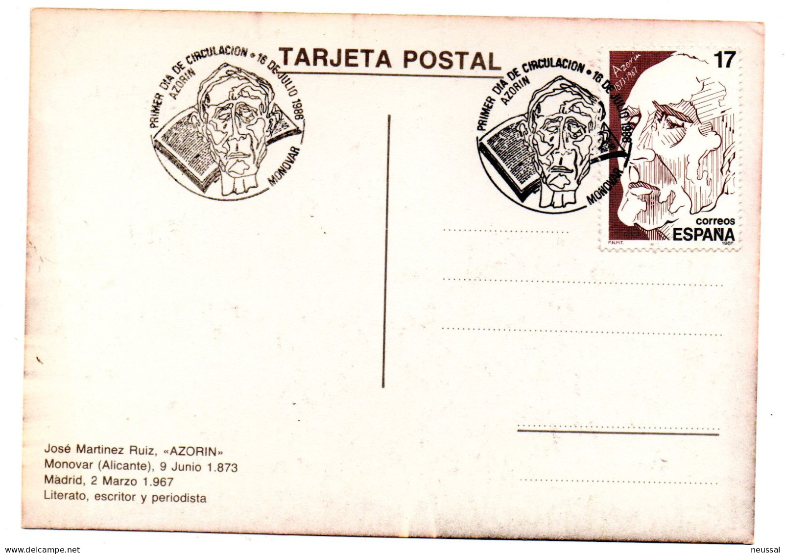 Tarjeta Con Matasellos Commemorativo De Azorin De 1986 - Covers & Documents