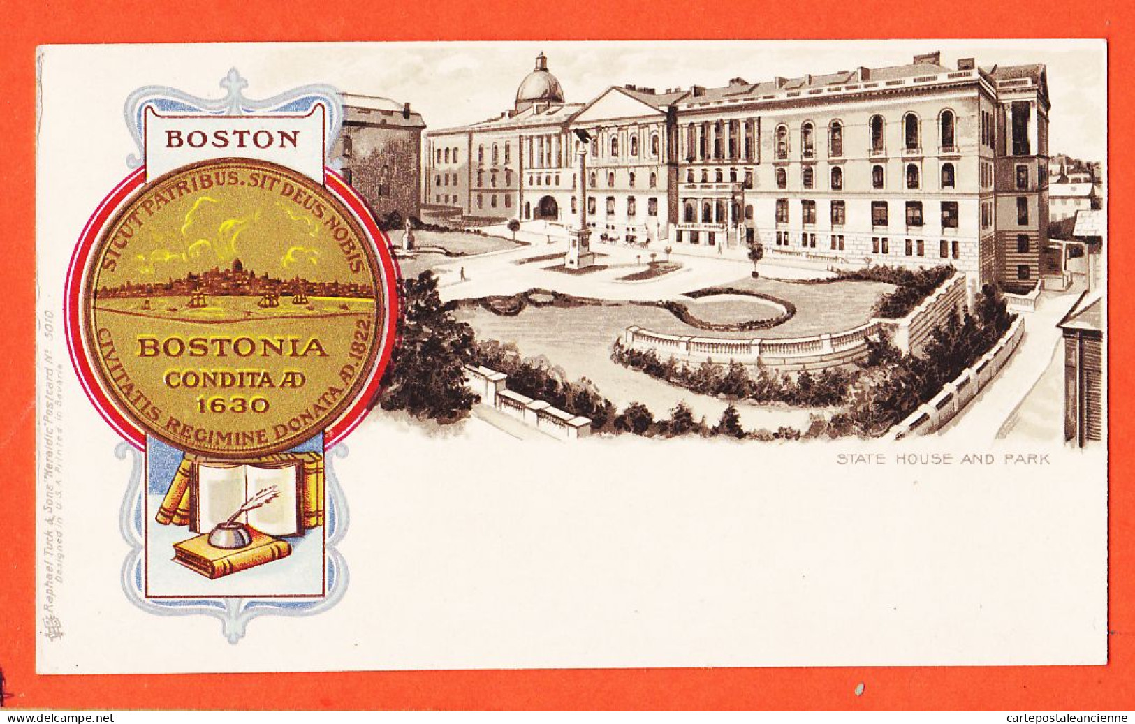 23950 / ⭐ BOSTON MA-Massachusetts BOSTONIA Condita 1630 State House And Park 1900s RAPHAEL TUCK HERALDIC 5010 - Boston
