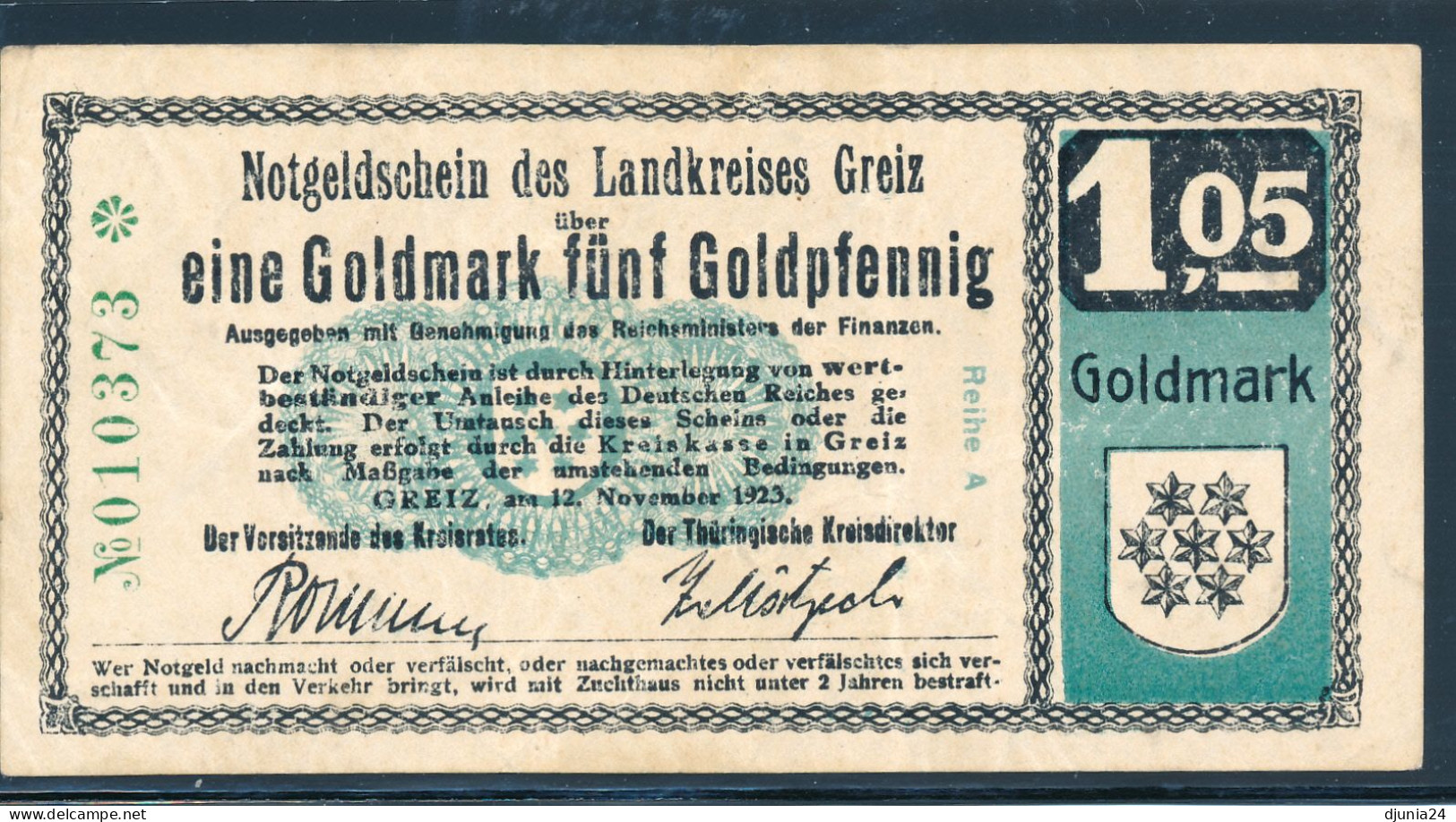 BF0600 / THÜRINGEN  -  GREIZ  -  12.11.23  ,  Eine Goldmark Fünf Goldpfennig   =  1,05 Goldmark  - Gebraucht - Lokale Ausgaben