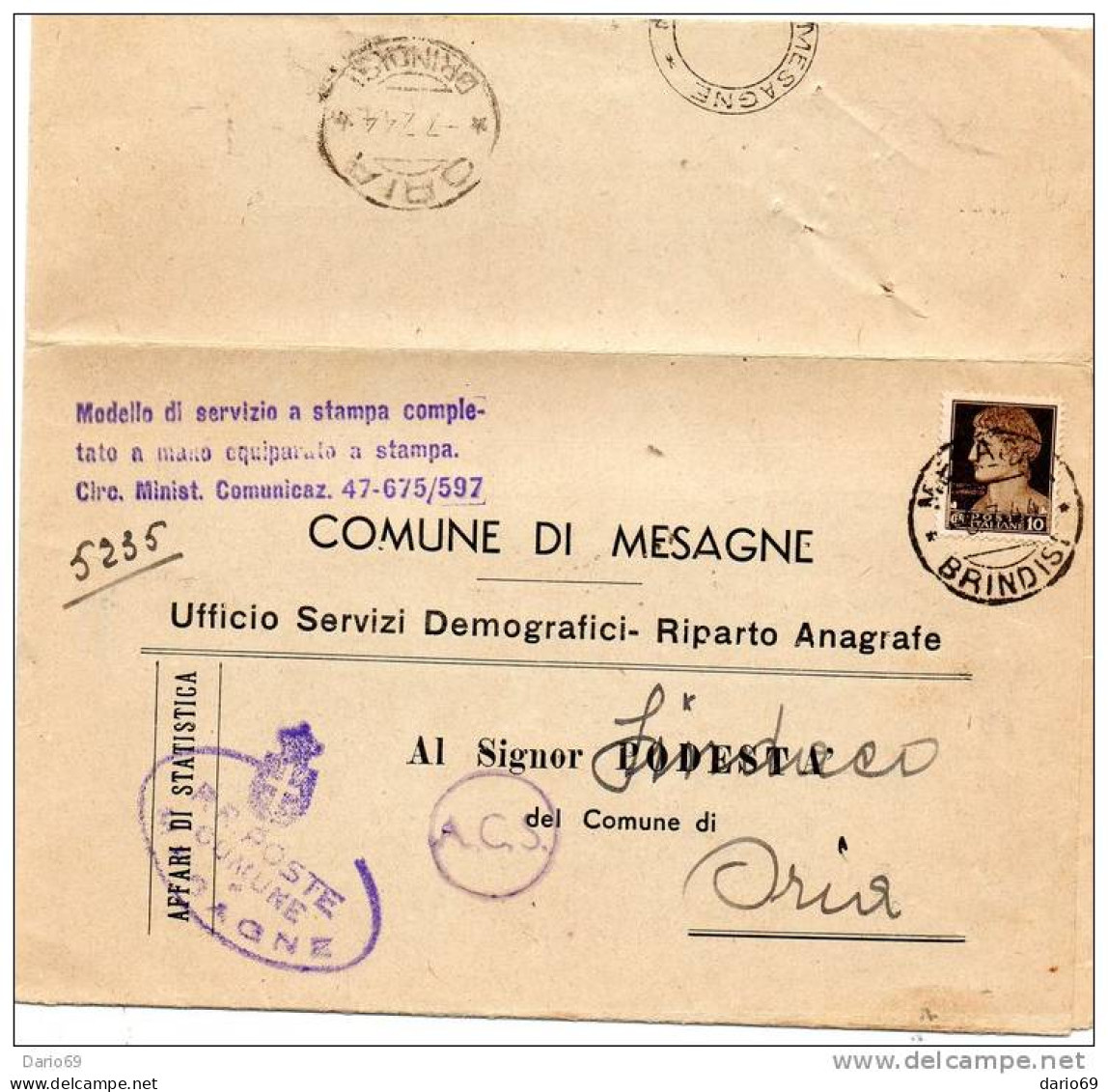 1944 LETTERA CON ANNULLO MESAGNE BRINDISI - Storia Postale