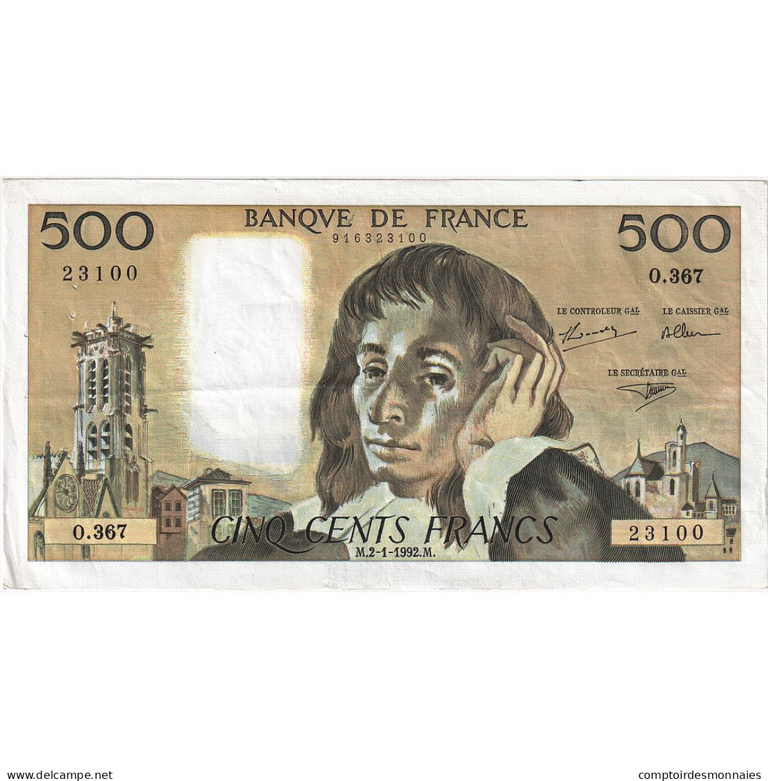 France, 500 Francs, Pascal, 1992, O.367, TTB+, Fayette:71.49, KM:156i - 500 F 1968-1993 ''Pascal''