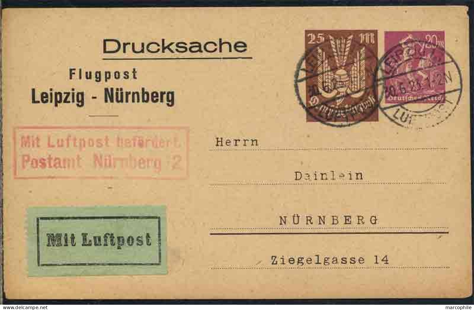 ALLEMAGNE - AVIATION- LEIPZIG  / 1923 ENTIER POSTAL 2 FIGURINES IMPRIMEES TIMBRE SUR COMMANDE ==> NÜRNBERG  (ref 8764d) - Briefkaarten