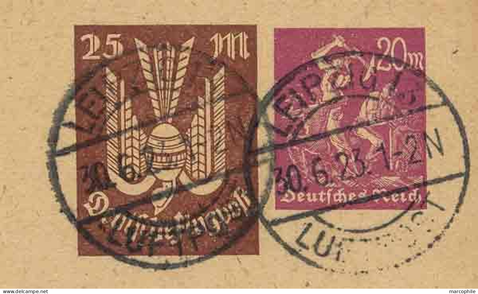 ALLEMAGNE - AVIATION- LEIPZIG  / 1923 ENTIER POSTAL 2 FIGURINES IMPRIMEES TIMBRE SUR COMMANDE ==> NÜRNBERG  (ref 8764d) - Briefkaarten