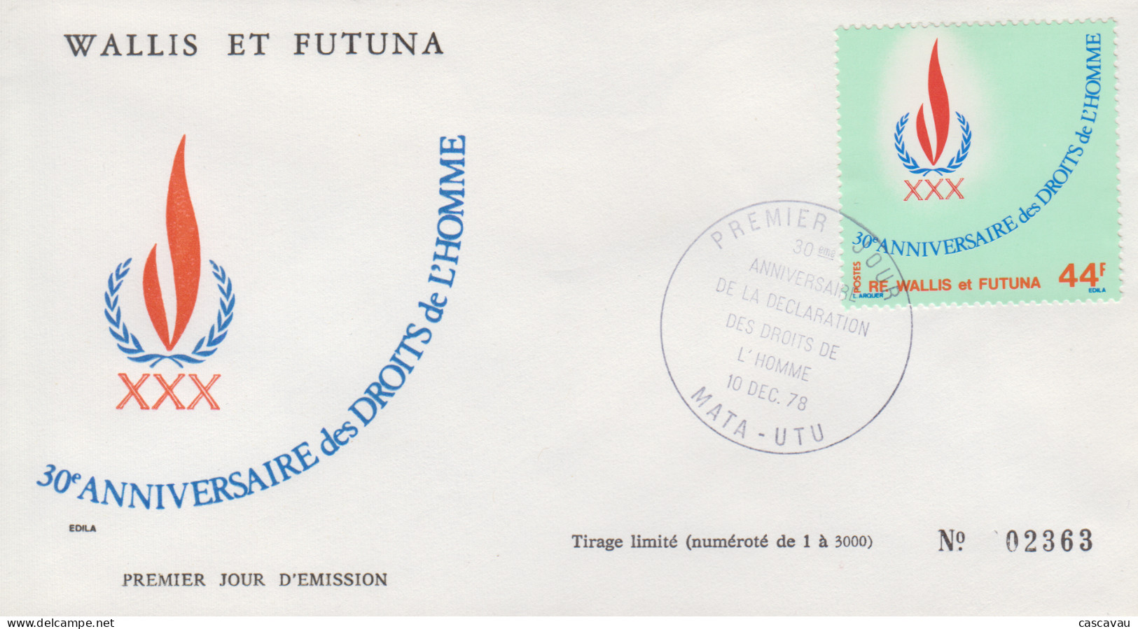 Enveloppe  FDC  1er  Jour   WALLIS  ET  FUTUNA    30éme   Anniversaire    Des    DROITS  DE  L' HOMME    1978 - FDC