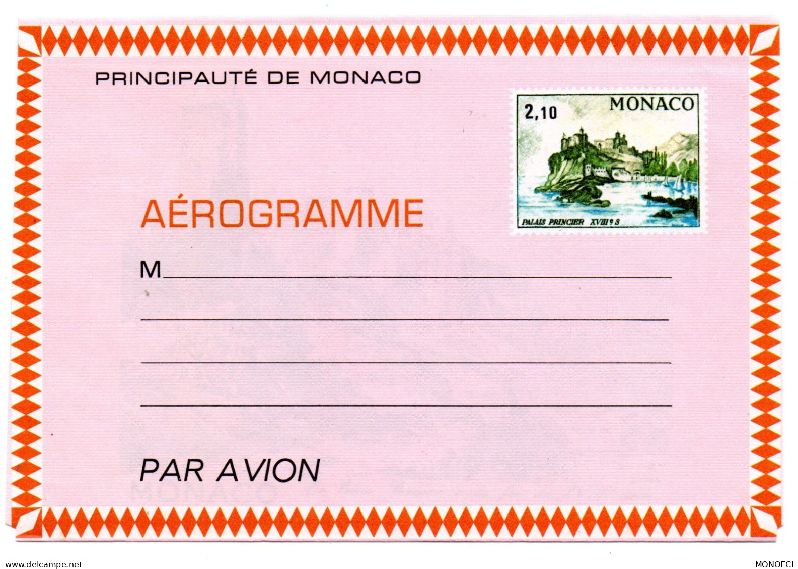 MONACO -- MONTE CARLO -- Monégasque -- ENTIER POSTAL -- Aérogramme -- 2,10 F Palais Princier - Ganzsachen