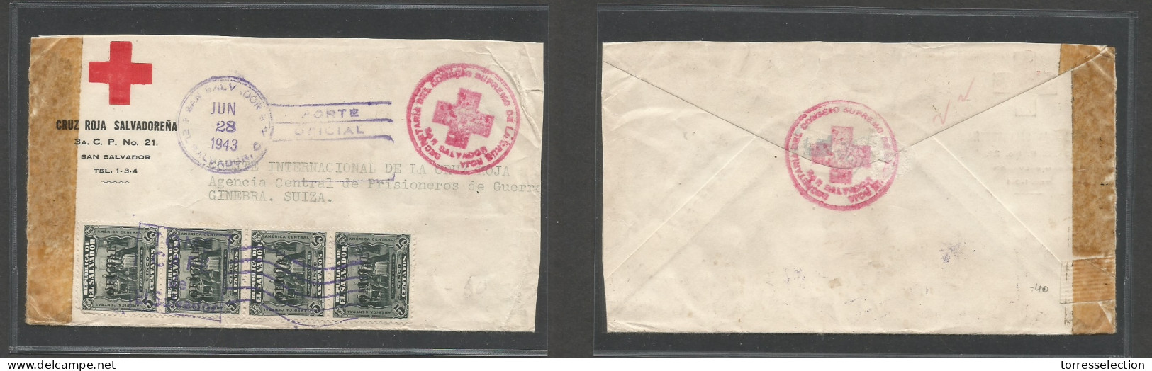 SALVADOR, EL. 1943 (28 June) WWII Red Cross, SS - Switzerland, Geneva. Color Printed Multifkd Censored Envelope, Rolling - El Salvador