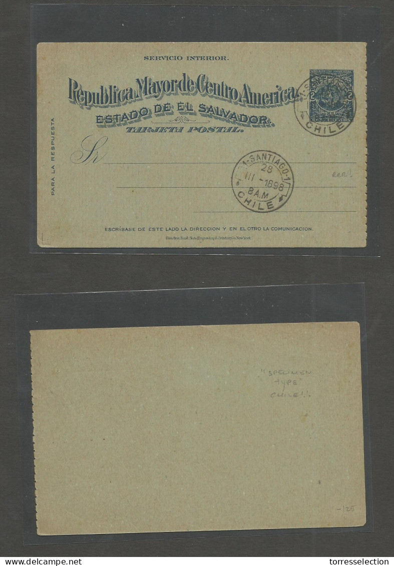 SALVADOR, EL. 1898 2c Blue/bluish Stationary Card On Chile Post Office Control Archive. Rarity. First We See. - Salvador