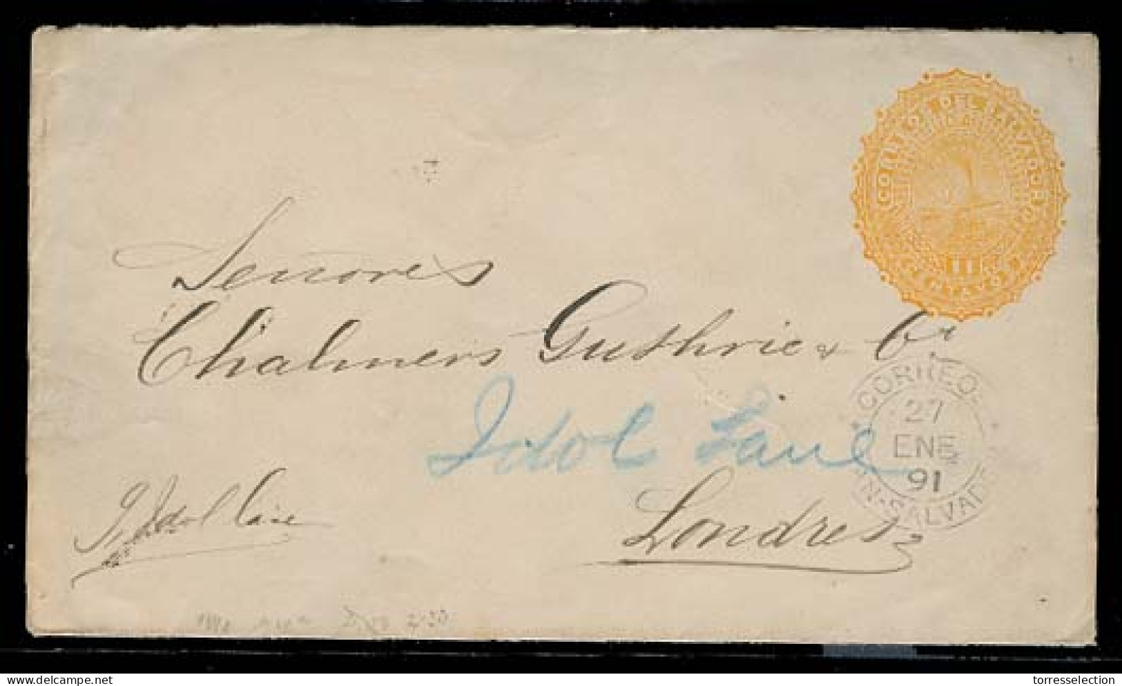 SALVADOR, EL. 1891 (27 Enero). S Salvador - UK. 11c Yellow Stat Env. Scarce Used. Fine. NY + Arrival Reverse Cds. - El Salvador