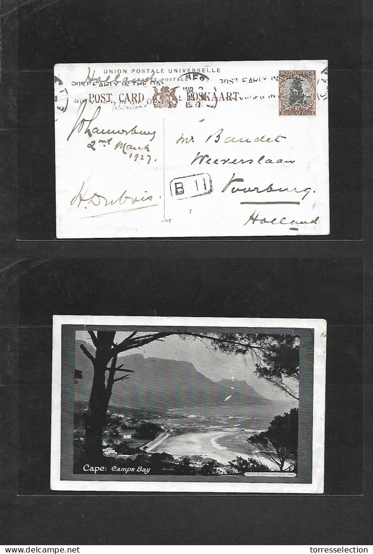 SOUTH AFRICA. 1927 (2 March) Joburg - Netherlands, Vourburg. 1 1/2d Brown Stationary Camps Bay Photo Card, Rolling Cache - Other & Unclassified