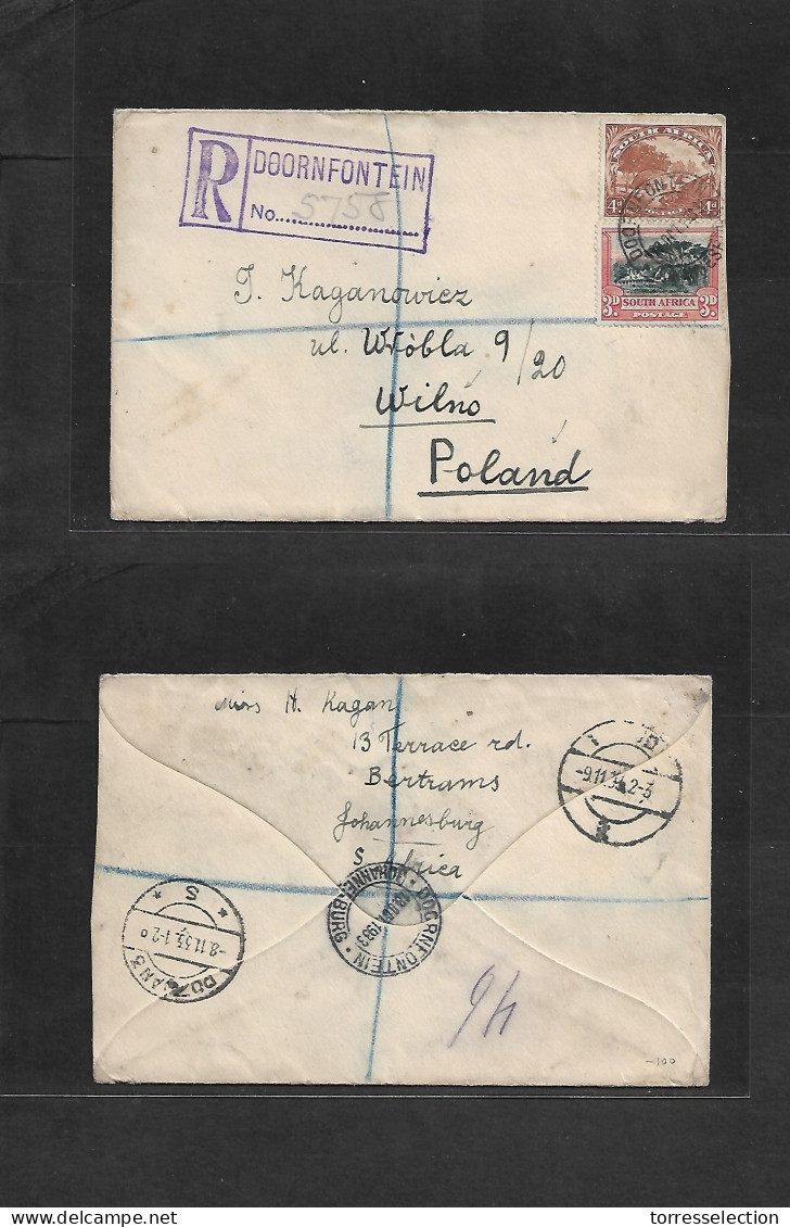 SOUTH AFRICA. 1933 (12 Oct) Doorfortein - POLAND, Wilno (Today Lithuania) (9 Nov) Registered Multifkd Env. Rare Destinat - Other & Unclassified