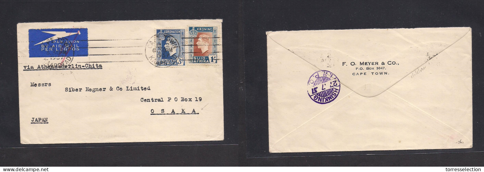 SOUTH AFRICA. 1937 (22 July) Cape Town - JAPAN, Osaka. Air Multifkd Envelope, Via Athens - Berlin - Chita (Imperial Airw - Other & Unclassified