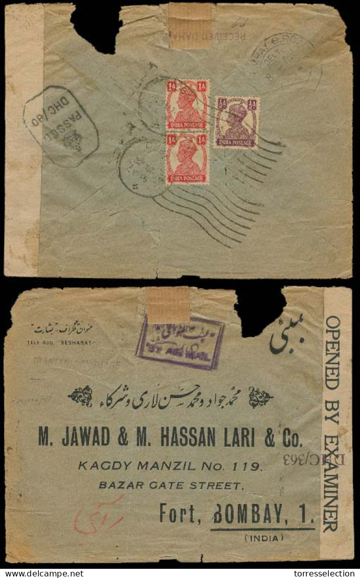 U.A.E.. 1945. Dubai - Bombay. Fkd Air Censored Env / Damaged + Received Damaged Pmk (xxx). Very Scarce Item. - Otros & Sin Clasificación