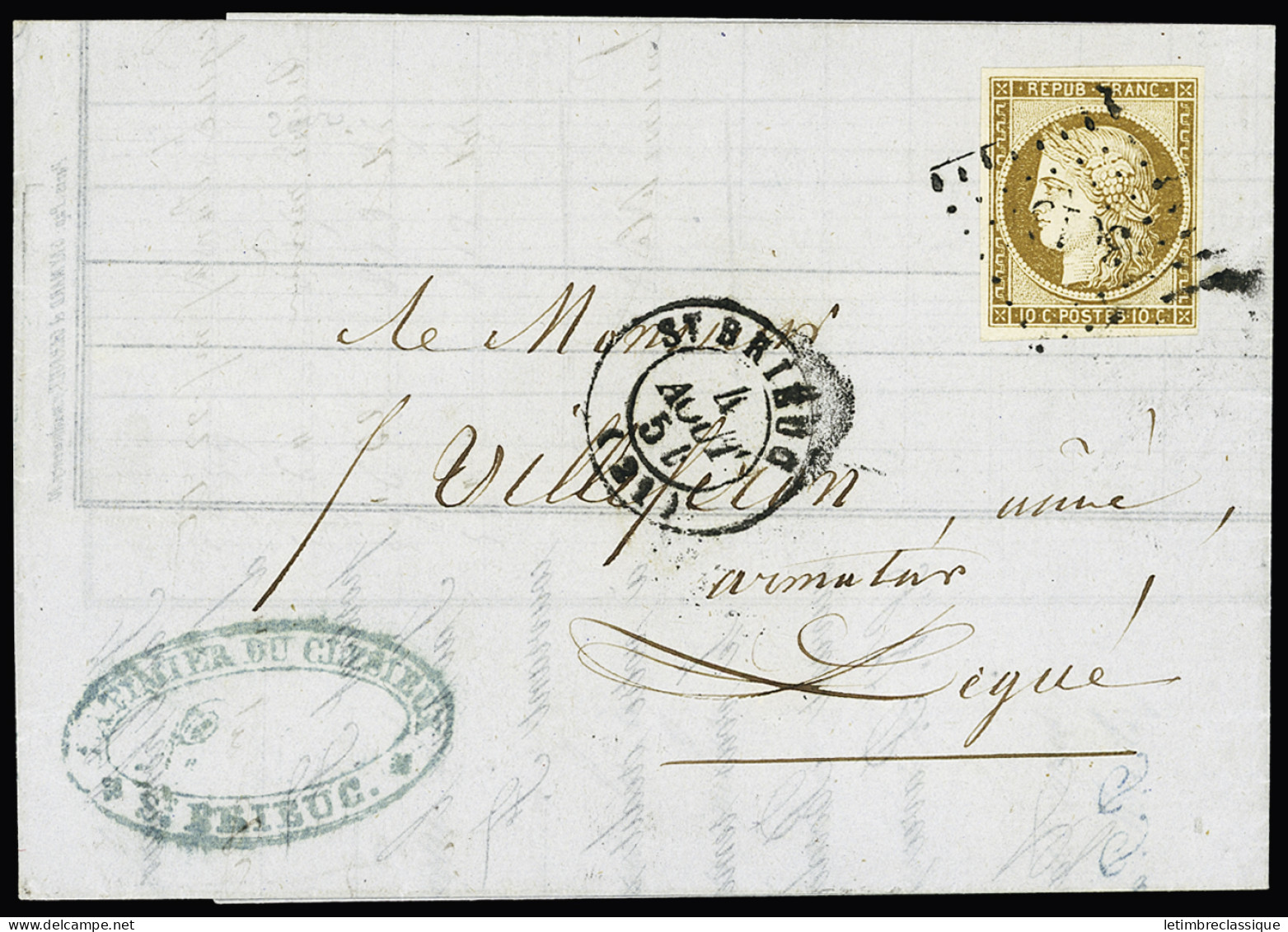 Lettre N°1 10c Bistre, Obl. PC 3015 (Saint-Brieuc, Côtes-du-Nord) Sur Lettre Du 4 Août 1854 Pour Légué, TTB - 1849-1850 Cérès