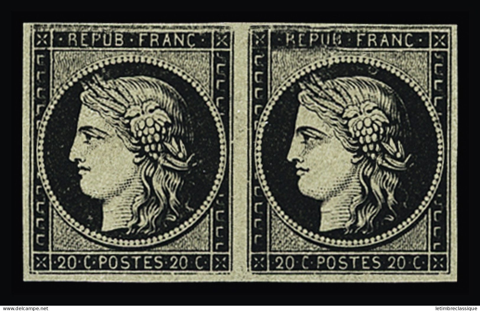 (*) N°3 20c Noir, Essai En Paire, Variété Filets Du Haut Doublés, TB - 1849-1850 Cérès