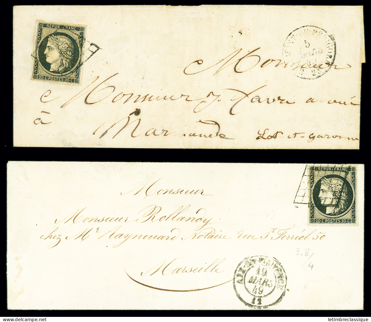 Lettre 2 Lettres AFF N°3 OBL Grille + T15 "Beaumont Du Périgord 23" Dordogne (1849) Et T15 "Aix En Provence 12" (1849),  - 1849-1850 Ceres