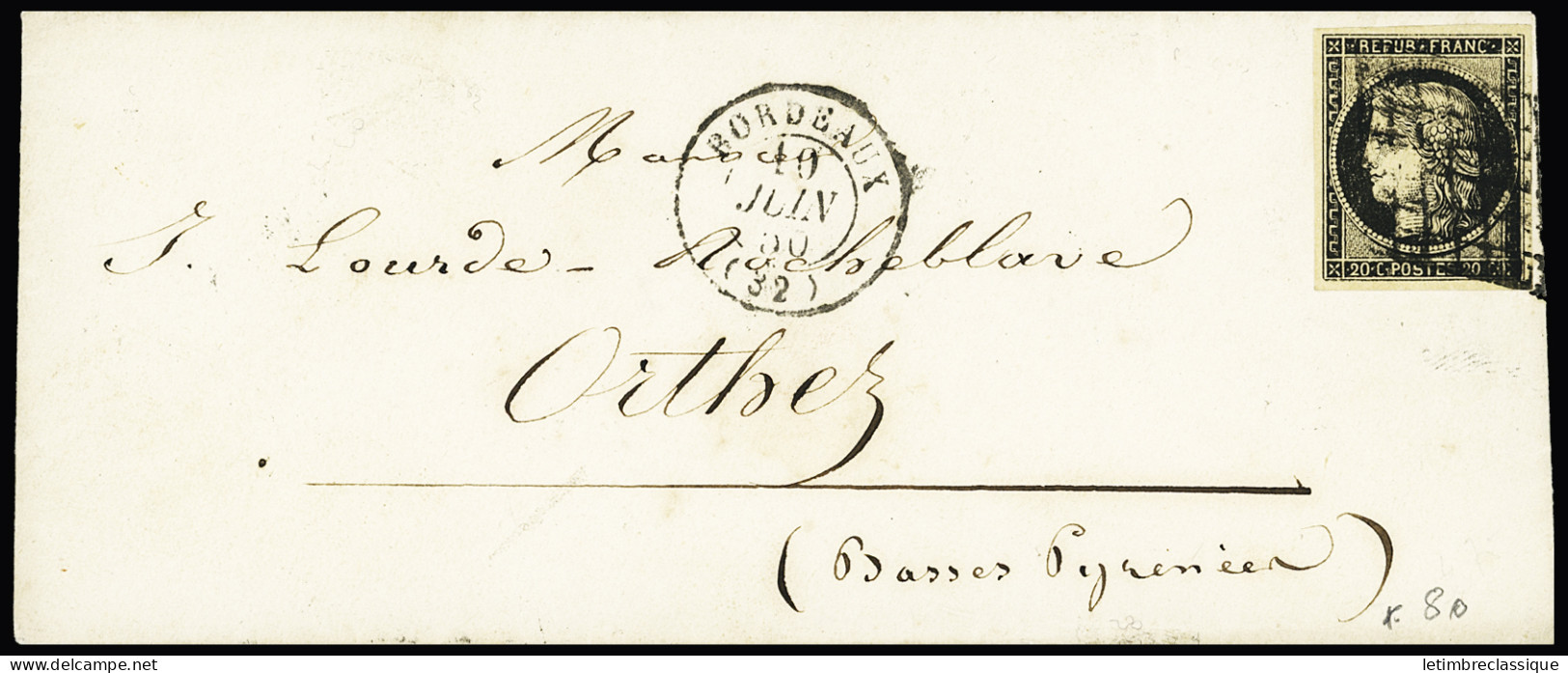 Lettre N°3 20c Noir Sur Lettre Pour Orthez (Pyrénées-Atlantiques), Obl. Grille Plus CàD T15 Bordeaux (Gironde) 10 Juin 1 - 1849-1850 Ceres