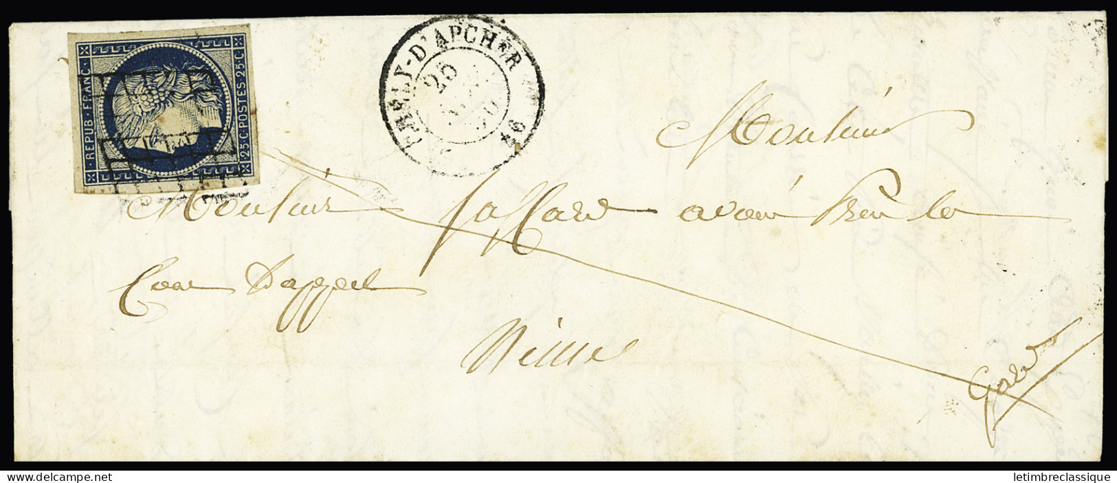 Lettre N°4 OBL Grille + T15 "St Chely D'Apcher 46" Lozère (1850) Sur Lettre, Ind 20, TB - 1849-1850 Ceres