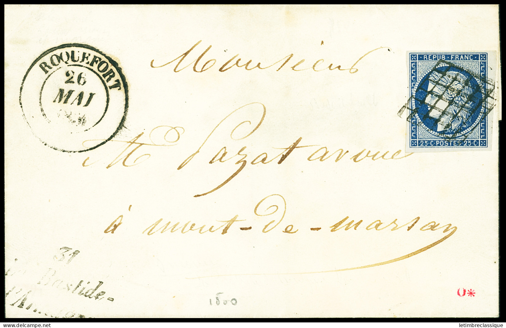 Lettre N°4 OBL Grille + T14 Roquefort (1851) + Cursive "31 La Bastide D'Armagnac" Gers Sur Lettre, Ind 20, TB - 1849-1850 Ceres