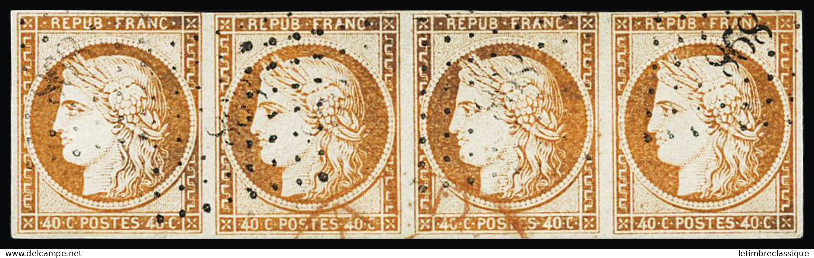 Obl N°5a 40c Orange Vif, Bande De Quatre Bien Margée, Obl. PC 898 De Cognac (Charente) Et Càd Rouge PAID De Londres, TB, - 1849-1850 Cérès