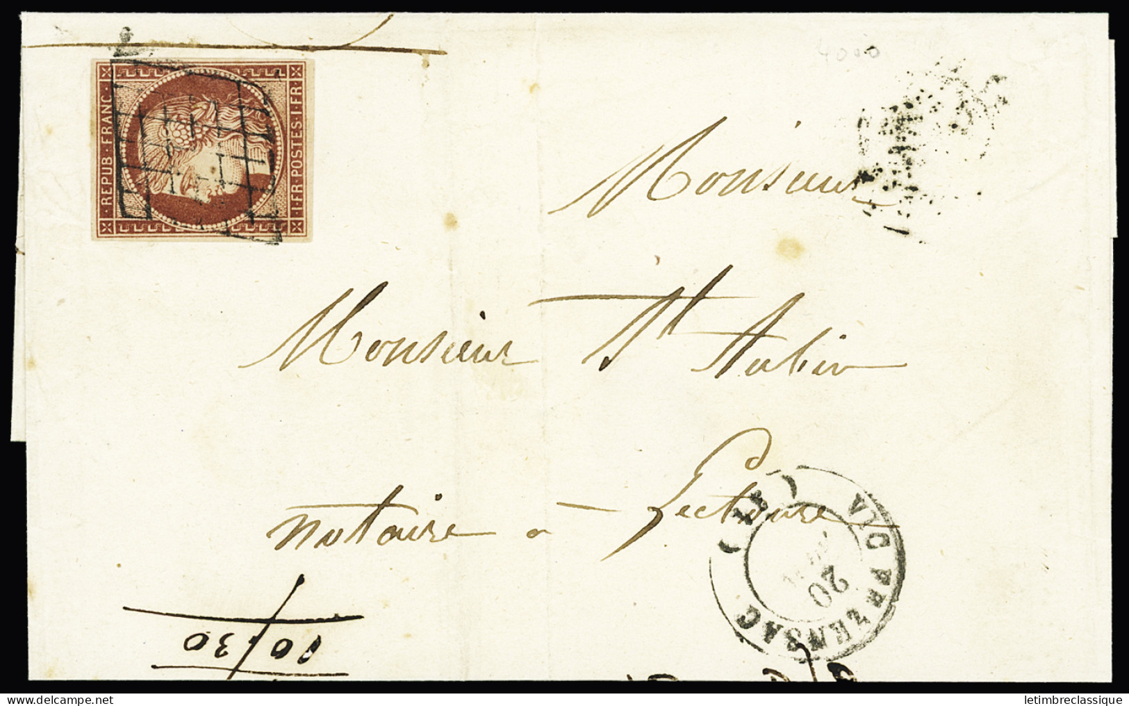 Lettre N°6A 1f Rouge-brun, Bien Margé, Obl. Grille Sur Lettre De Vic-Fezensac, Gers 1851 Pour Lectoure, Qq Points De Rou - 1849-1850 Ceres