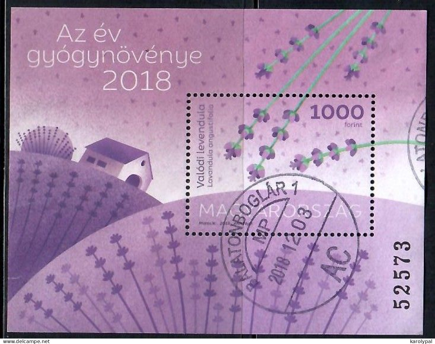 Hungary, 2018, Used, True Lavender Mi. Bl. Nr.412 - Usati