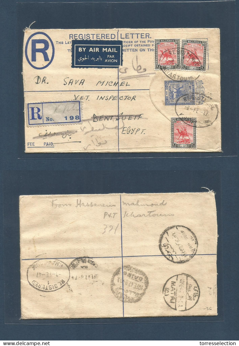 SUDAN. 1947 (9 Febr) Khartoum - Egypt, Beni Sueif (10-11 Feb) Registered Air Multifkd 15ms Blue Stationary Envelope. Rev - Soedan (1954-...)