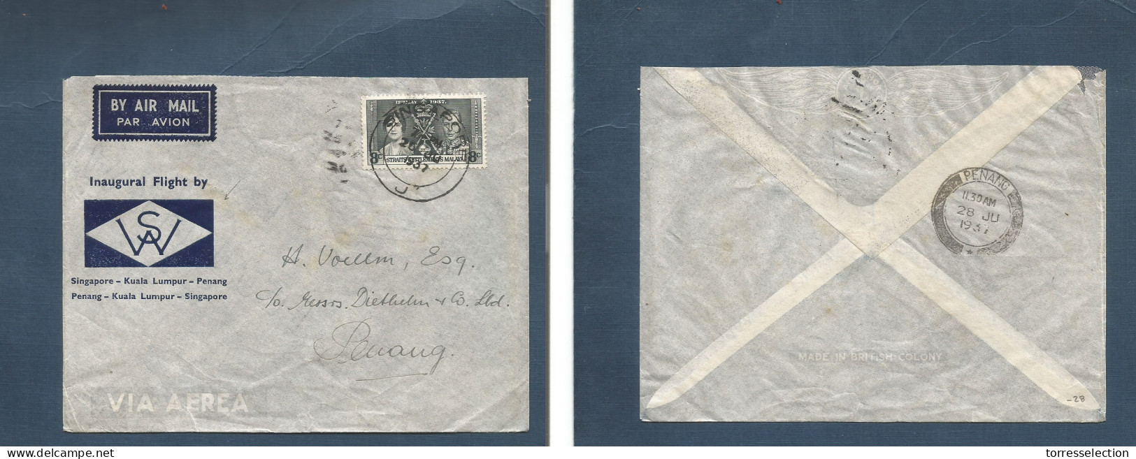 STRAITS SETTLEMENTS SINGAPORE. 1937 (26 June) Sing - Penang (28 June) Air Sm Silver Jubilee 8c Fkd Inaugural Flight. SW. - Singapore (1959-...)