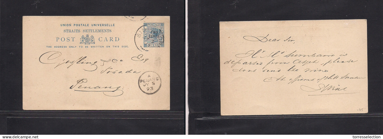 STRAITS SETTLEMENTS SINGAPORE. 1893 (3 July) Sing - Penang (5 July) 2c/3c Blue QV Ovptd Stat Card. VF Used With Text. Ar - Singapore (1959-...)